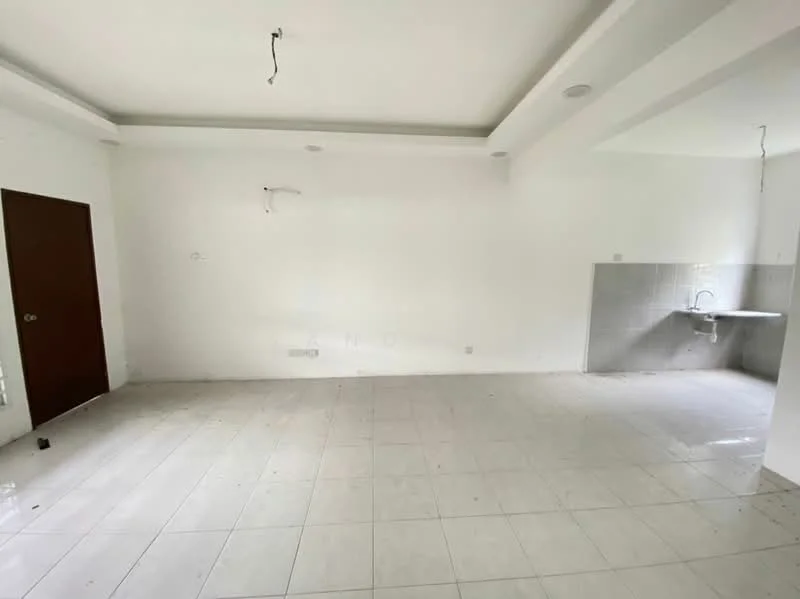 Room features: white painted walls, plain ceiling, tile flooring, single-bowl stainless-steel sink, wall-mounted faucet, grey tiled backsplash, no visible appliances, no visible furniture, two ceiling lights, one door, no windows; style: minimalist.