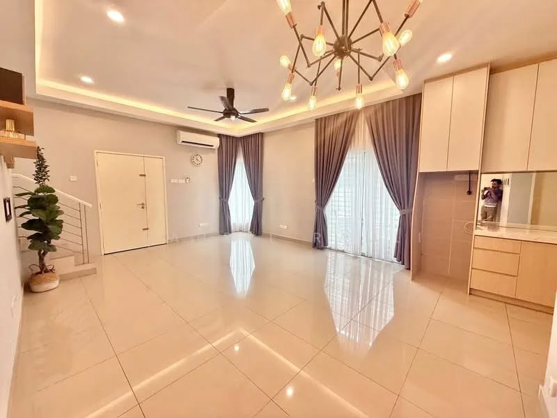 Living features: polished ceramic tile flooring, white painted walls, tray ceiling with recessed lighting, 5-blade ceiling fan with light, floor-to-ceiling windows with sheer curtains, sliding glass door, built-in cabinetry, decorative wall plant, chandelier, neutral color scheme; style: modern.