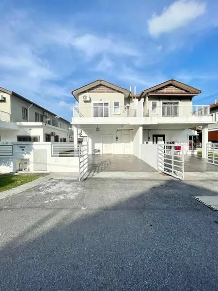 Exterior type: semi-detached house; features: white painted facade, pitched tile roof, double-storey, manicured lawn, paved driveway, balconies on upper floor, fenced perimeter, visible air conditioning unit, garage door, front entrance with steps; style: modern.