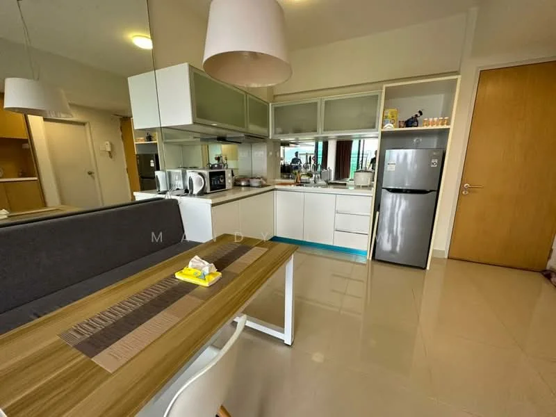 Kitchen features: white cabinetry, grey countertop, stainless-steel fridge, built-in microwave, freestanding kettle, toaster, ceramic tile flooring, pendant light, open shelving, dining table with wooden surface, white dining chairs, window with natural light; style: modern.