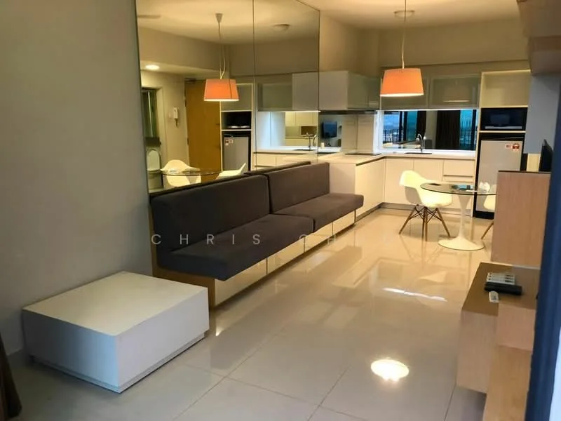 Living features: grey fabric sofa with built-in storage, white coffee table, white dining table, white dining chairs, pendant light fixture, mirrored wall cabinets, kitchenette with countertop, stainless-steel fridge, built-in oven, ceramic tile flooring, recessed ceiling lights, floor-to-ceiling windows, city view; style: modern; view: city.