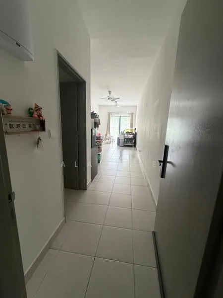 Hallway features: white painted walls, tile flooring, ceiling fan, natural light from windows, decorative wall shelf, open layout, neutral color scheme; style: modern.