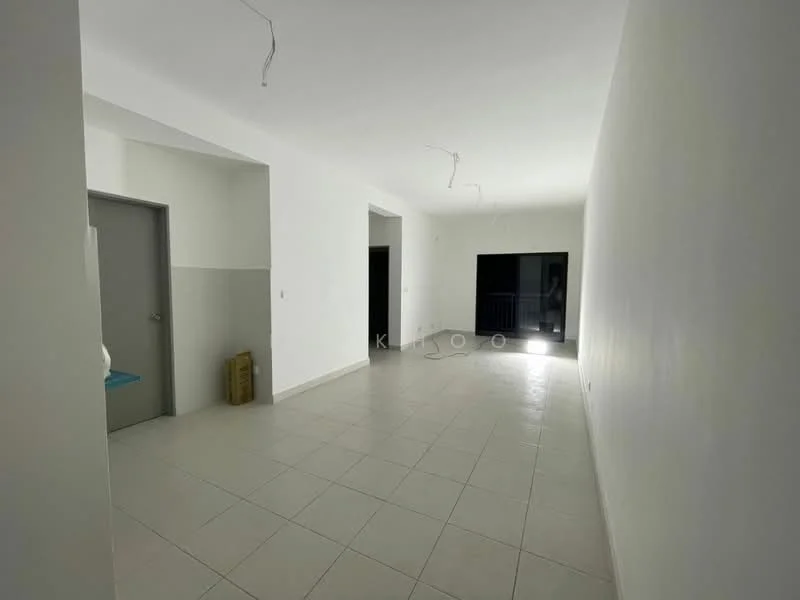 Room features: white painted walls, tile flooring, large glass sliding door, natural light from sliding door, ceiling with exposed wiring, neutral color scheme, open layout, no visible furniture; style: modern.