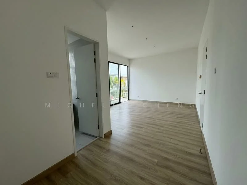 Room features: light wood laminate flooring, white painted walls, large floor-to-ceiling windows, sliding glass door, neutral ceiling, doorway leading to another room, minimalist design, natural light; style: modern; view: garden.
