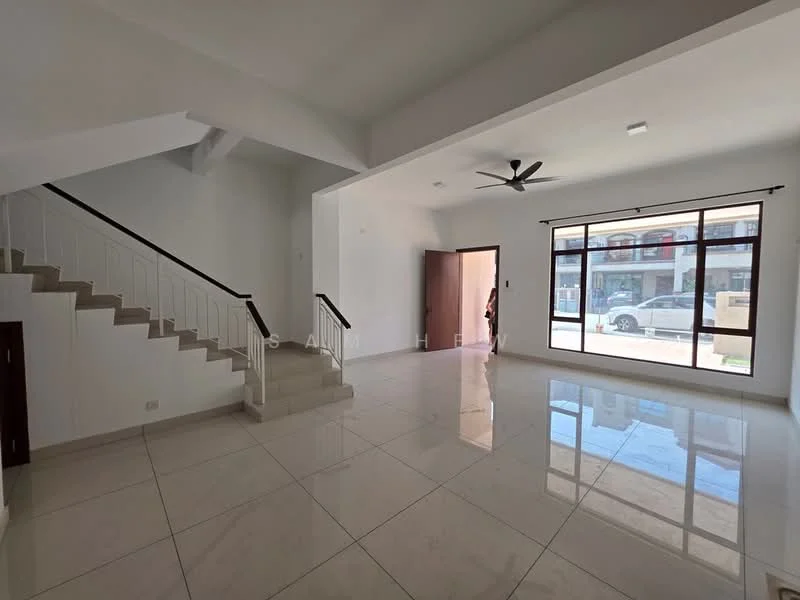 Living features: white painted walls, polished ceramic tile flooring, 5-blade ceiling fan, large sliding glass door, floor-to-ceiling windows, natural light, staircase with white railing, open layout; style: modern.