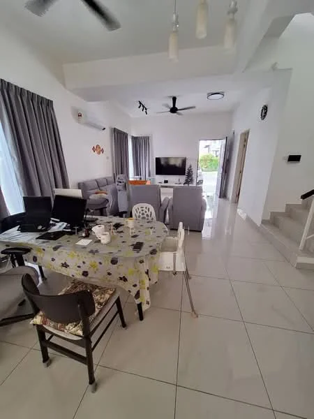 Living features: white painted walls, grey curtains, polished ceramic tile flooring, ceiling fan with light, wall-mounted TV, sofa set in grey, dining table with chairs, decorative wall clock, open layout, natural light from windows; style: modern; view: garden. Dining features: dining table with floral tablecloth, white plastic chairs, additional seating with patterned chair, open layout, natural light from windows; style: modern; view: garden.