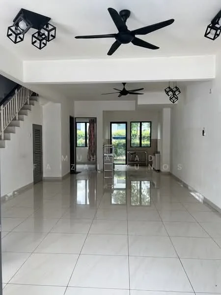 Living features: white painted walls, polished ceramic tile flooring, 2 ceiling fans, 3 pendant lights, large windows with views, sliding glass door, curtains, open layout; style: modern; view: garden.
