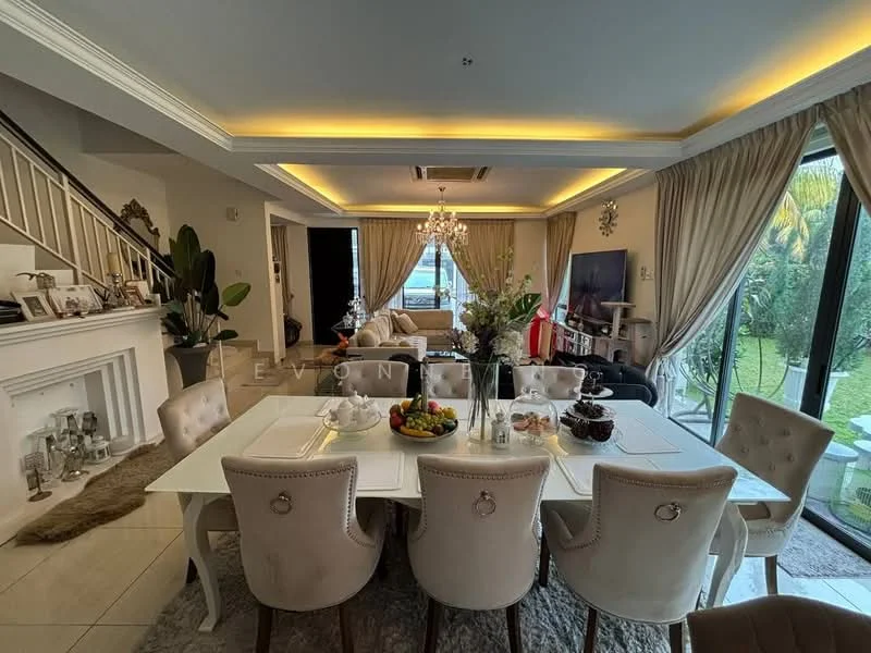 Dining features: 6-seater dining table, upholstered dining chairs, chandelier, recessed LED downlights, cream painted walls, wooden flooring, large glass sliding doors, view of garden, decorative mirror, houseplants in ceramic pots, area rug; style: modern; view: garden. Living features: sofa, TV console, wall-mounted TV, coffee table, decorative items on shelves; style: modern; view: garden.