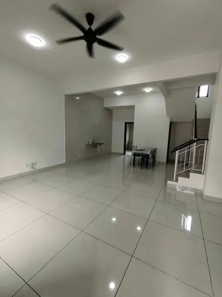 Living features: white painted walls, polished ceramic tile flooring, 5-blade ceiling fan with light, recessed downlights, dining table with chairs, staircase leading to upper floor, open layout, large windows for natural light; style: modern.