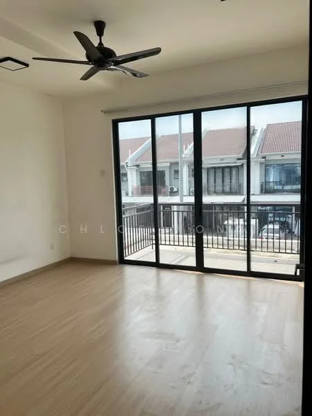 Room features: light wood flooring, white painted walls, 5-blade ceiling fan, floor-to-ceiling sliding glass door, black metal railing, natural light from large windows; style: modern; view: street.