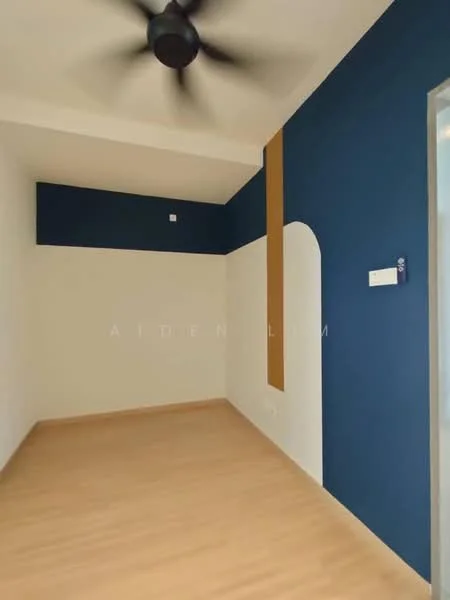 Room features: blue accent wall, white painted walls, wooden flooring, 5-blade ceiling fan, arched wall feature, light switch, door frame; style: modern.