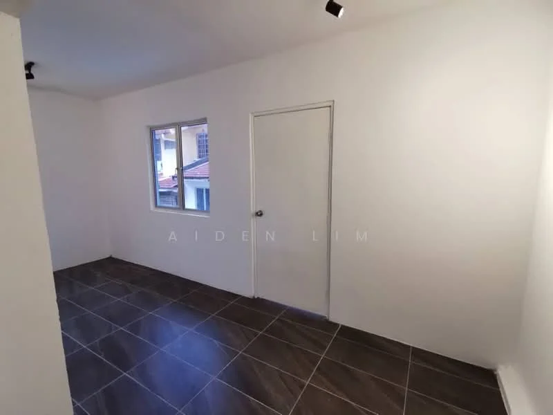 Room features: white painted walls, tile flooring in dark grey, single window, white door, recessed lighting.