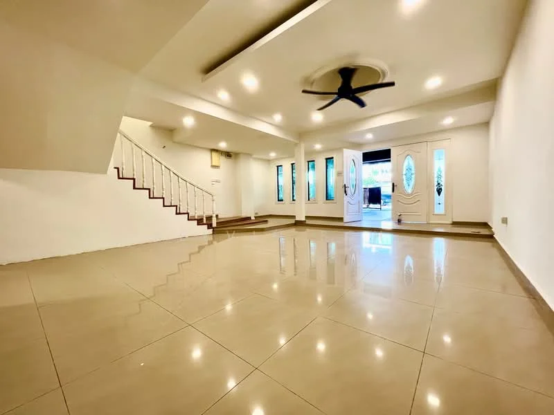 Room features: white painted walls, polished ceramic tile flooring, 5-blade ceiling fan with light, recessed downlights, staircase with white railing, large windows with decorative glass, open space layout, high ceiling; style: modern.