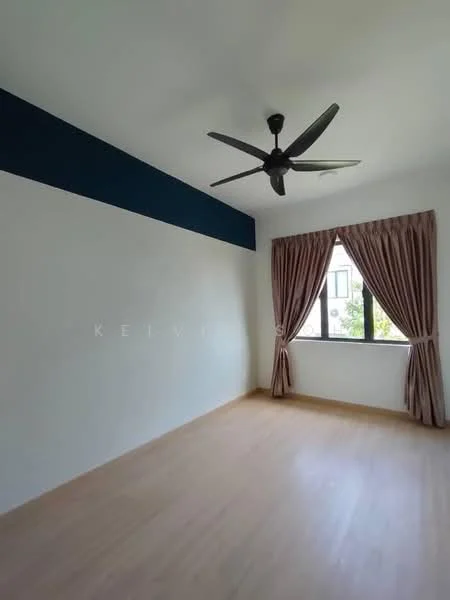 Bedroom features: light wood flooring, white painted walls, blue accent wall, floor-to-ceiling window, sheer curtains, 5-blade ceiling fan; style: modern; view: garden.