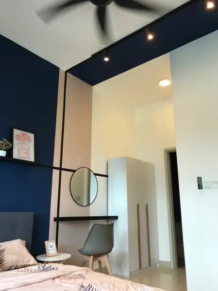 Bedroom features: blue accent wall, light beige wall, wall-mounted mirror, desk with shelf, chair, queen-size bed, bedding with floral pattern, ceiling fan, recessed lighting, built-in wardrobe with sliding doors; style: modern.