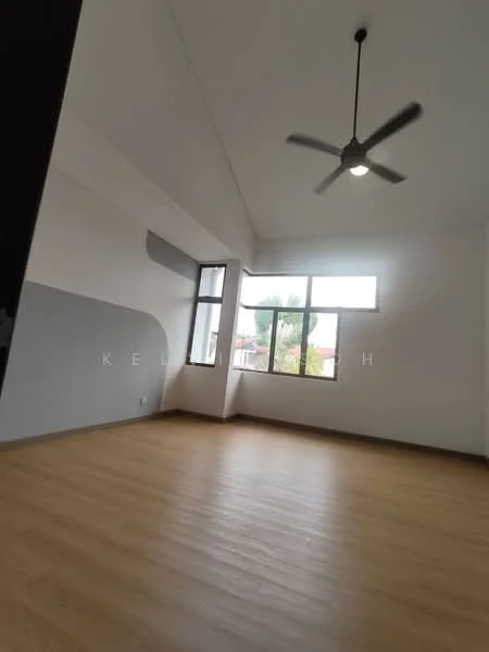 Room features: light wood laminate flooring, white painted walls, grey accent wall, 5-blade ceiling fan with light, large windows, natural light, high ceiling; style: modern; view: garden.