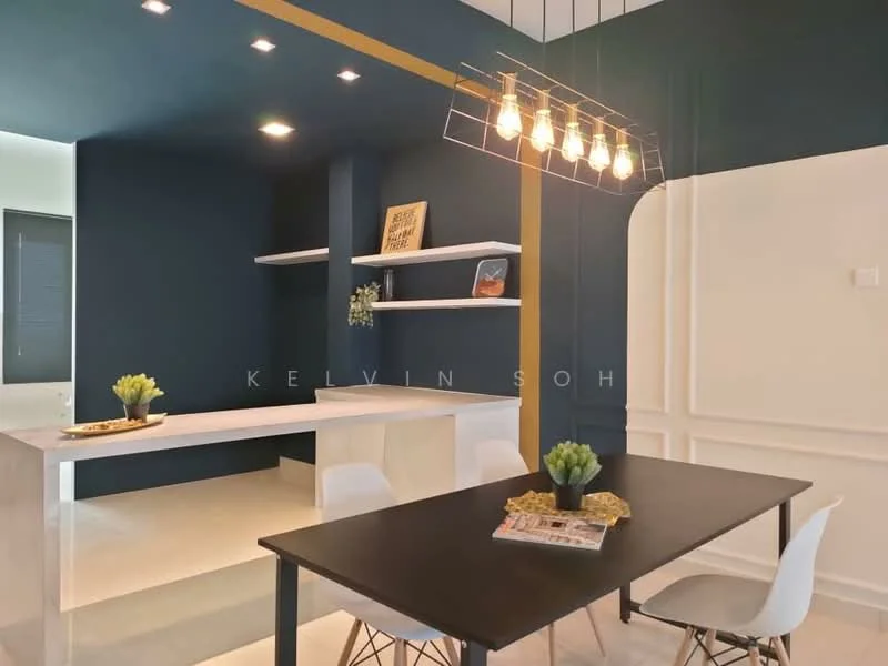 Dining features: black dining table, white dining chairs, pendant light fixture with multiple bulbs, white walls with decorative moulding, dark blue accent wall, open shelving unit, decorative plant on table, magazine on table, smooth flooring; style: modern. Room features: white painted walls, shelves with decorative items.