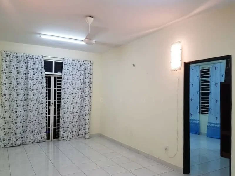 Living features: white painted walls, white tiled flooring, ceiling fan, curtains with floral pattern, sliding glass door, window with metal grille, light fixture on wall, neutral color scheme.
