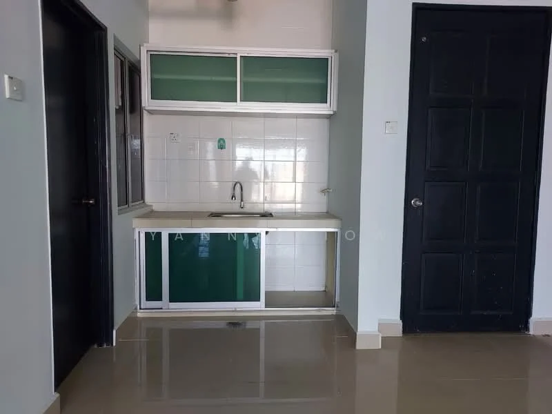 Kitchen features: single-bowl stainless-steel sink, chrome faucet, green glass cabinet doors, white tiled backsplash, white wall tiles, cream floor tiles, built-in countertop, black door, window with metal frame; style: modern.