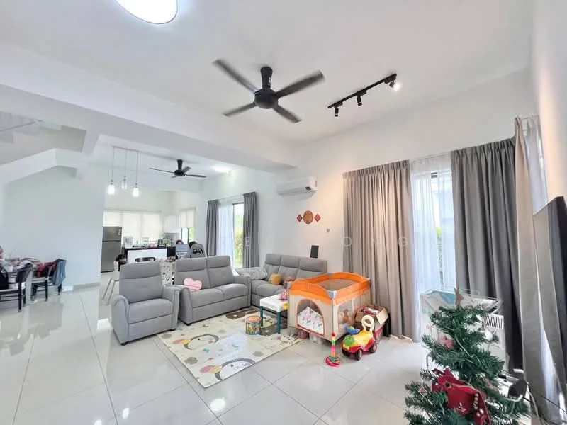 Living features: grey fabric sectional sofa, 2-seater grey fabric sofa, coffee table, area rug with playful design, 5-blade ceiling fan with light, recessed LED downlights, floor-to-ceiling windows with sheer curtains, wall-mounted TV, decorative Christmas tree, playpen, toys, tile flooring, white painted walls; style: modern.