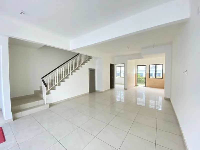 Room features: white painted walls, marble tile flooring, staircase with white railing, large windows, natural light, open layout, neutral color scheme, high ceiling; style: modern; view: garden.