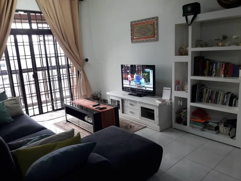 Living features: grey fabric sofa, coffee table, wall-mounted TV, white TV console, bookshelf with books, decorative items on shelves, large window with black grille, curtains in beige, tile flooring, area rug, framed artwork on wall; style: modern.