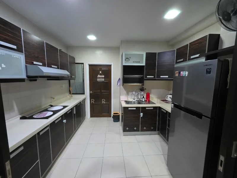 Kitchen features: dark wood cabinetry, white countertop, stainless-steel fridge, built-in oven, 4-burner gas hob, stainless-steel range hood, double-bowl sink, tile flooring, wall-mounted fan, kitchen utensils on countertop, white backsplash, cabinet with glass front; style: modern.