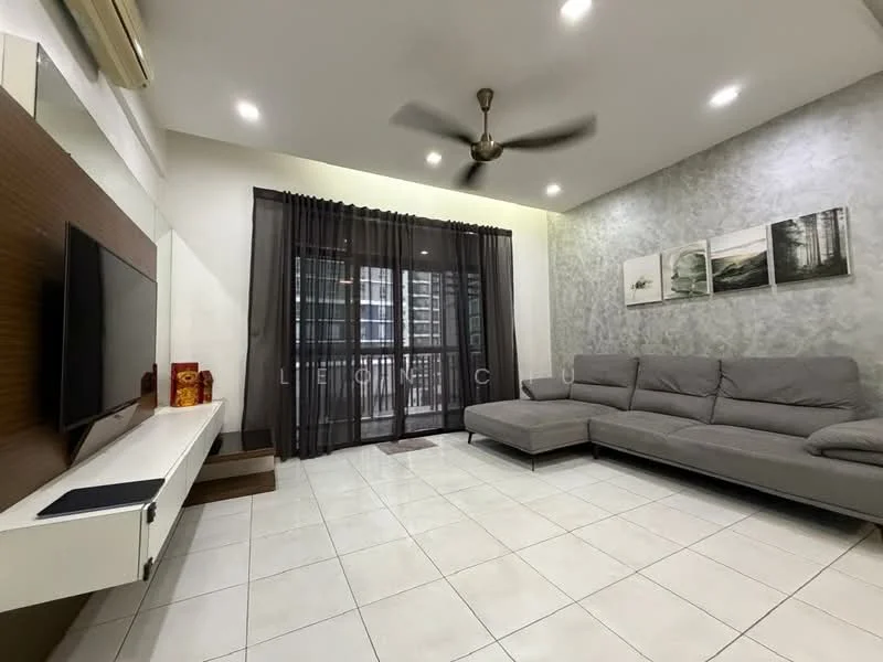 Living features: grey L-shape sectional sofa, white wall-mounted TV unit, flat-screen TV, white tiled flooring, ceiling fan, recessed LED downlights, black sheer curtains, decorative wall art, sliding glass door, balcony view; style: modern; view: city.