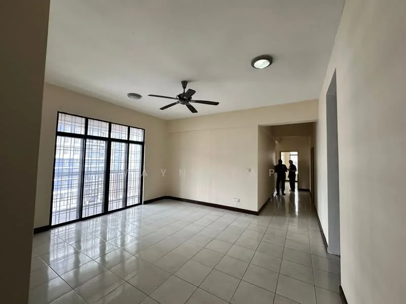 Living features: white painted walls, tile flooring, 5-blade ceiling fan with light, floor-to-ceiling windows, natural light, neutral color scheme, recessed lighting, open layout; style: modern; view: city.