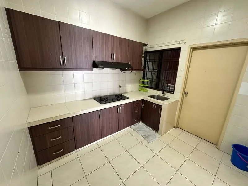 Kitchen features: brown wooden cabinetry, white countertop, stainless-steel sink, chrome pull-down faucet, 4-burner gas hob, exhaust hood, white tiled walls, cream tiled flooring, window with security bars, door leading to another room; style: modern.