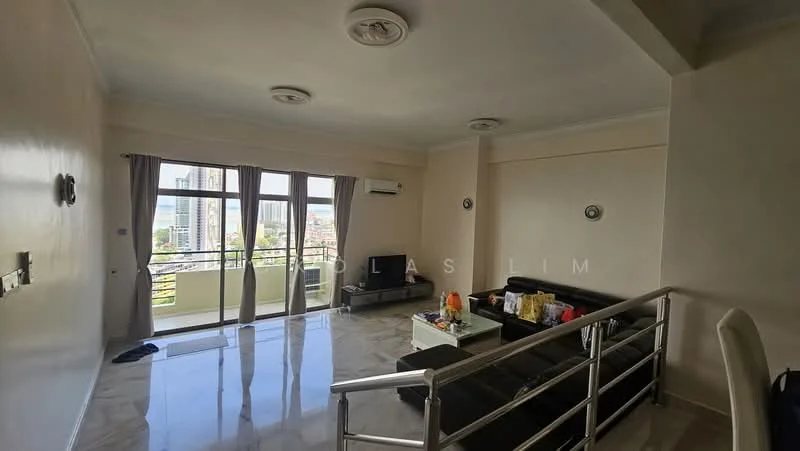 Living features: marble tile flooring, white painted walls, 5-blade ceiling fan with light, floor-to-ceiling windows, sliding glass door, balcony access, black leather sofa, coffee table, TV console, wall-mounted TV, curtains, decorative wall lights; style: modern; view: city.