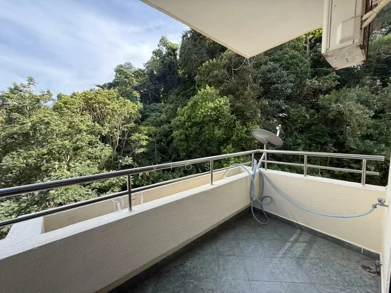 Room features: balcony with railing, greenery view, tile flooring, outdoor space, satellite dish, water hose; view: garden.