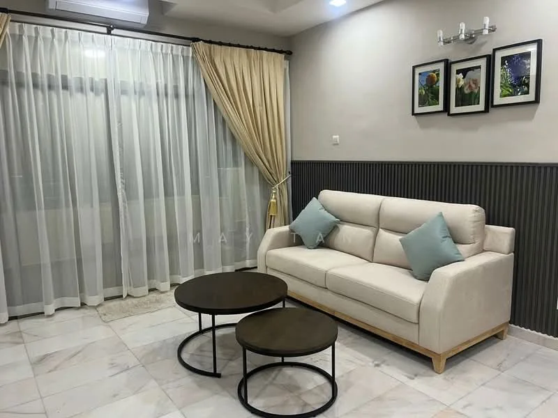Living features: cream fabric sofa, two accent pillows in light blue, two round coffee tables with black metal frames, white sheer curtains, golden drapes, grey wainscoting, marble tile flooring, wall-mounted light fixture, framed artwork on the wall; style: modern.