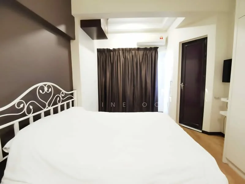 Bedroom features: queen-size bed with white bedding, dark brown accent wall, light wood flooring, floor-to-ceiling window with blackout curtains, air conditioning unit, built-in wardrobe, white ceiling, wall-mounted TV; style: modern.