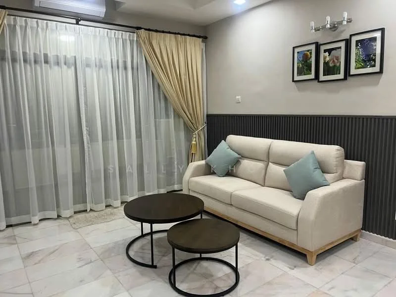 Living features: beige fabric sofa, two light blue cushions, round coffee table with black metal base, round coffee table with wooden top, white sheer curtains, cream drapes, wall-mounted light fixture, framed artwork on wall, grey wainscoting, marble tile flooring, recessed ceiling lights; style: modern.