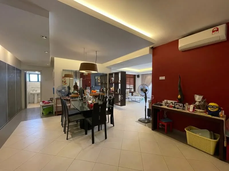 Dining features: dining table with black chairs, pendant light fixture, wall-mounted air conditioning unit, tile flooring, decorative wall art, open layout to living area, sideboard with decorative items, fan, green plant in pot; style: modern. Room features: grey tiled walls, glass shower enclosure, toilet, sink with mirror, storage cabinets.
