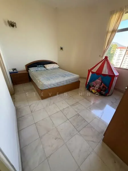 Bedroom features: queen-size bed, wooden bed frame, nightstand, white walls, marble tile flooring, curtains, window with city view, children's play tent, light fixture on wall; view: city.