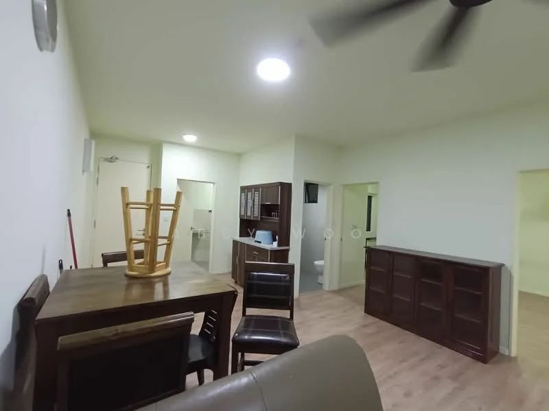 Room features: light wood laminate flooring, white painted walls, ceiling fan, dining table with chairs, wooden cabinet, open doorway to bathroom, open doorway to another room, stacked chairs; style: modern.