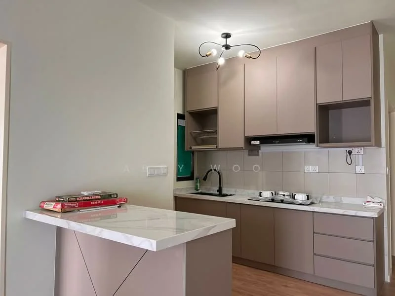 Kitchen features: light brown cabinetry, white marble countertop, stainless-steel sink, chrome pull-down faucet, built-in stove, oven, white tiled backsplash, open shelving, recessed downlights, pendant light fixture, wood laminate flooring; style: modern.