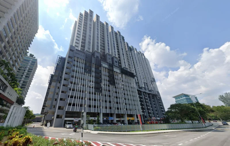 Exterior type: high-rise condominium; features: glass curtain wall, exposed concrete facade, projecting balconies, vertical fins, approximately 20-storey high-rise, manicured lawn, surrounded by mature greenery, driveway with interlocking pavers; style: modern.