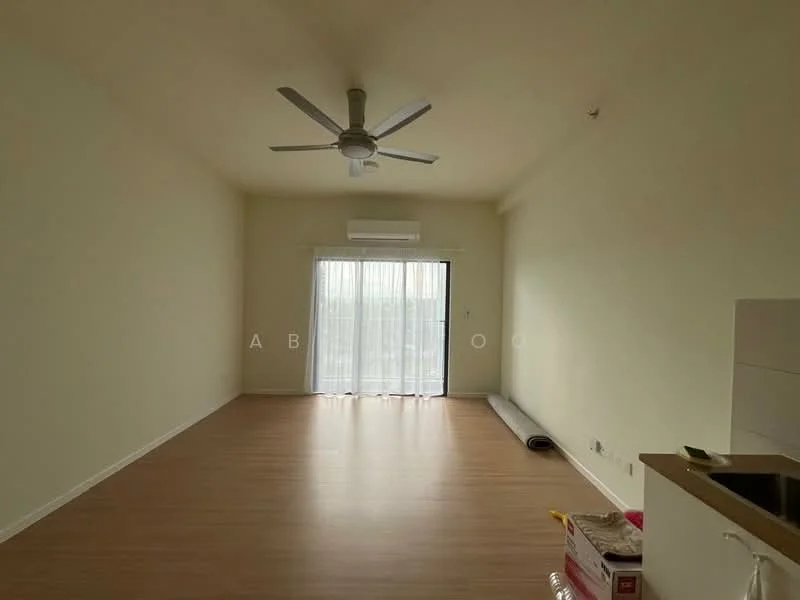 Living features: light wood laminate flooring, white painted walls, 5-blade ceiling fan, sliding glass door, sheer curtains, wall-mounted split AC, no visible furniture, natural light from sliding door; style: modern.