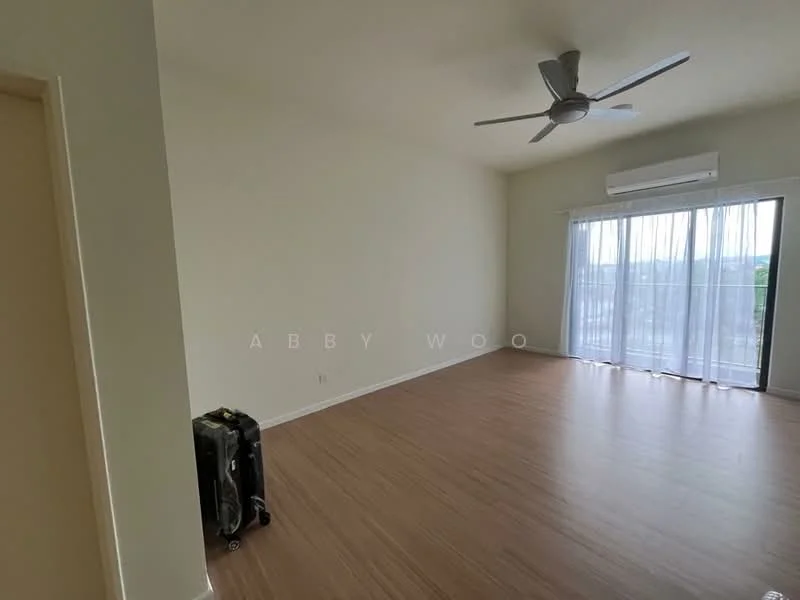 Room features: light wood laminate flooring, white painted walls, ceiling fan, floor-to-ceiling windows with sheer curtains, air conditioning unit, sliding glass door leading to balcony, suitcase; style: modern; view: city.
