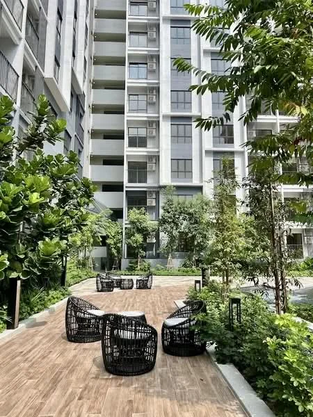 Exterior type: mid-rise condominium; features: landscape garden, wooden deck flooring, black wicker seating, manicured greenery, mature trees, modern building facade with large windows, balconies on upper floors, outdoor seating area; style: modern.