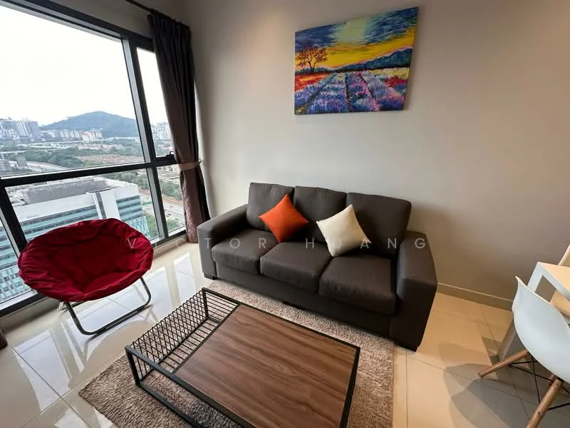 Living features: 3-seater fabric sofa in grey, orange and red accent cushions, coffee table with wooden top and metal frame, area rug, floor-to-ceiling windows, city view, curtains, wall-mounted artwork; style: modern; view: city.
