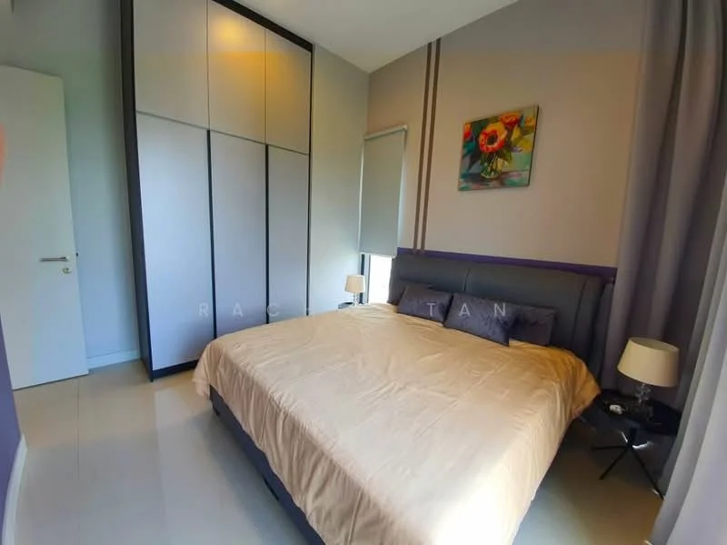 Bedroom features: king-size bed with beige bedding, upholstered headboard in grey, two bedside lamps with white shades, built-in wardrobe with sliding doors, grey curtains, framed floral artwork on wall, light-colored walls, tile flooring; style: modern.