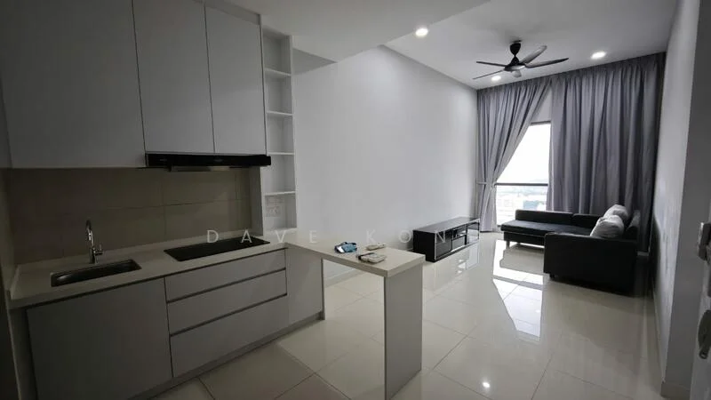 Kitchen features: white cabinetry, black countertop, single-bowl stainless-steel sink, chrome pull-down faucet, built-in oven, ceramic tile flooring; style: modern. Living features: 3-seater fabric sofa in grey, coffee table, TV console, floor-to-ceiling windows, curtains, ceiling fan, recessed downlights, glossy tile flooring; style: modern; view: city.