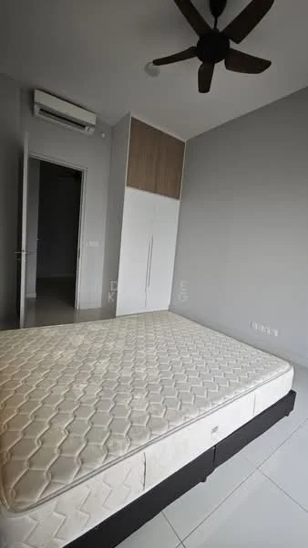 Bedroom features: queen-size bed, ceiling fan, wall-mounted split AC, built-in wardrobe, grey painted walls, white tiled flooring, doorway leading to hallway; style: modern.