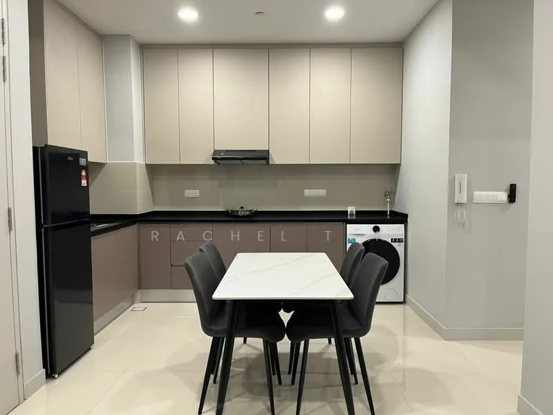Kitchen features: black granite countertop, light grey cabinetry, stainless-steel sink, chrome pull-down faucet, built-in oven, stainless-steel refrigerator, front-load washing machine, 4-burner gas hob, white tiled backsplash, dining table with marble top, 4 black dining chairs, recessed downlights, cream painted walls, tile flooring; style: modern.