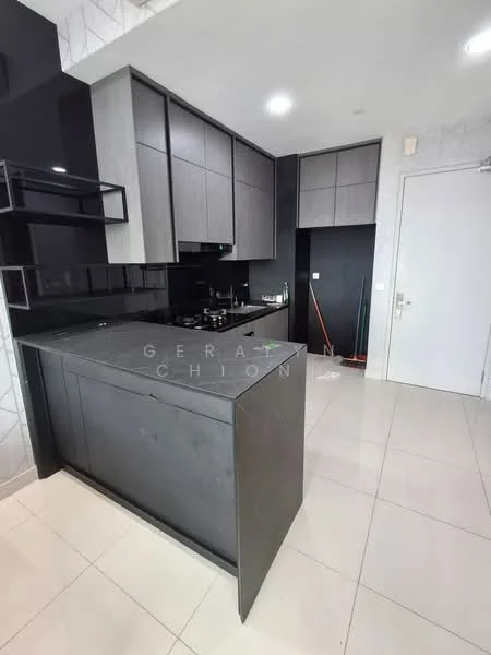 Kitchen features: black cabinetry, grey upper cabinets, black countertop, stainless-steel sink, chrome faucet, built-in stove, black backsplash, white marble accent wall, tile flooring, recessed lighting, open shelving, kitchen island; style: modern.