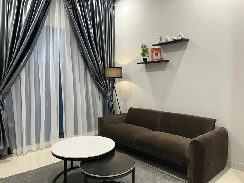 Living features: 3-seater fabric sofa in brown, round coffee table with white marble top, black metal coffee table, floor lamp with black shade, sheer white curtains, dark grey curtain drapes, wall-mounted shelves, decorative items on shelves, polished tile flooring, decorative plant on shelf; style: modern.
